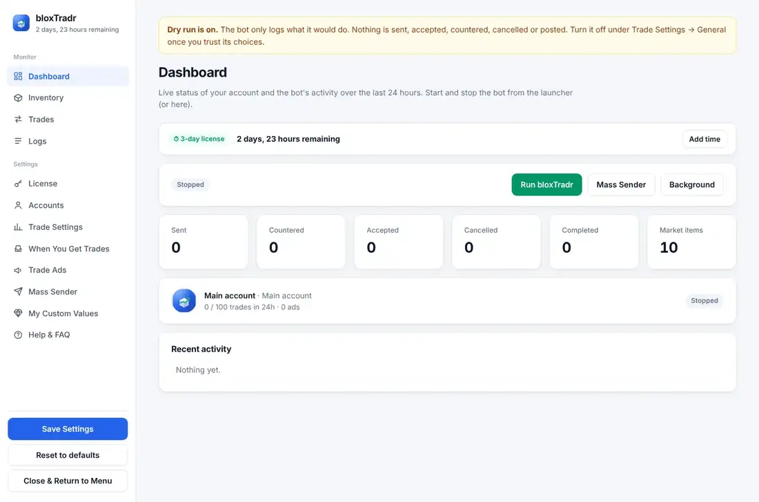 The bloxTradr dashboard